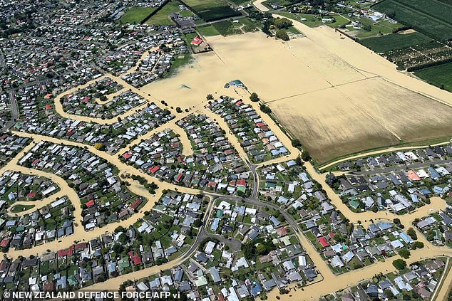 Tropical cyclone Gabrielle was the worst storm to hit New Zealand so far in the 21st century. Pictured, flooding in the Hawkes Bay region in the aftermath of Cyclone Gabrielle, February 16