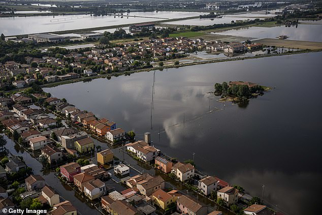 A flooded area caused by heavy rains across Italy's northern Emilia Romagna region on May 26