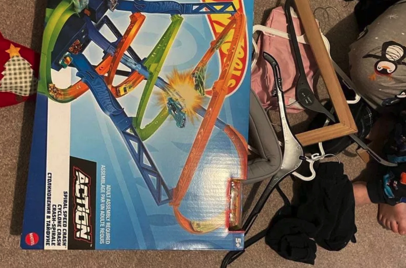 A race track bought from B&M contained clothes hangers and other random items