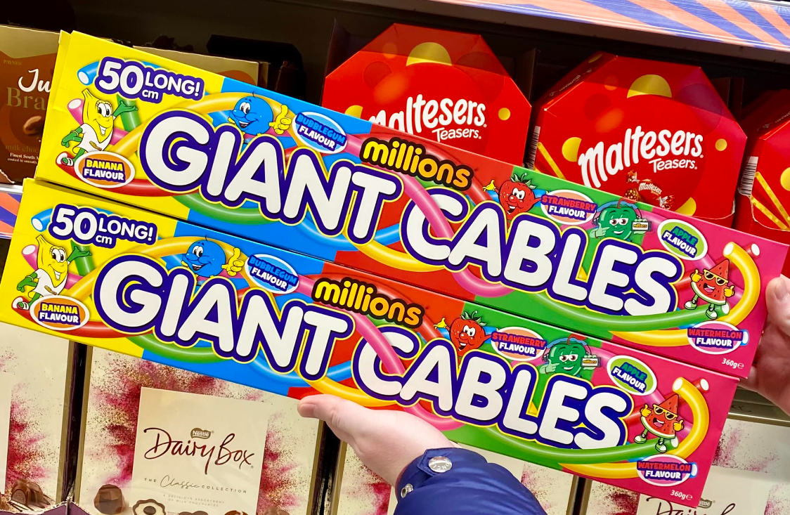 The Millions Giant Cables come in banana, bubblegum, strawberry, apple and watermelon flavours