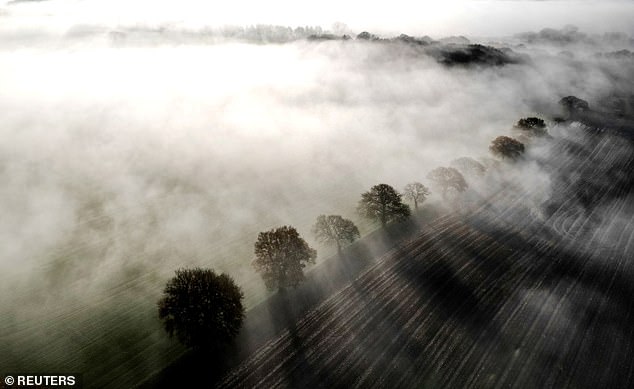Pictured: Ploughed fields shrouded in fog in Keele, Staffordshire