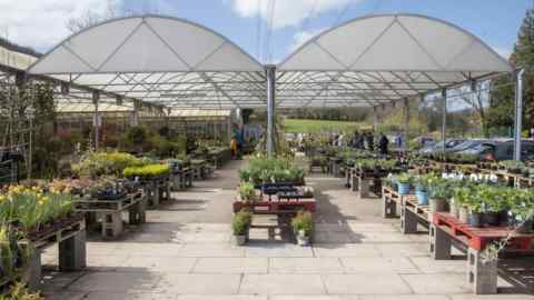 A garden centre with plants outside and canopies overhead