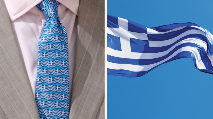 A close-up of King Charles III’s tie alongside the Greek flag