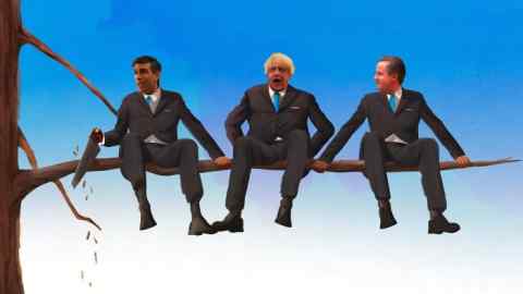 Illustration of Rishi Sunak, Boris Johnson and David Cameron sitting on a tree branch while Rishi Sunak saws through the branch where it joins the trunk