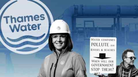 Montage of Sarah Bentley,  Thames Water logo and protestor with sign