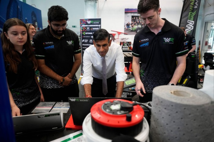 Prime Minister Rishi Sunak meets engineering apprentices during a visit to the international manufacturing centre at Warwick university in September