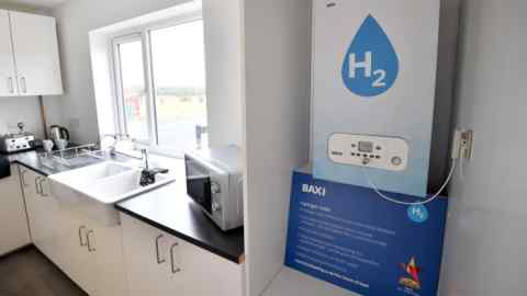 A hydrogen boiler inside a home at a hydrogen test facility