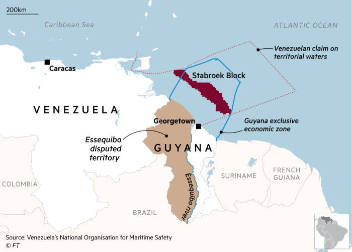 Map showing Stabroek oil concession off the coast of Guyana, with territorial waters of Guyana and Venezuela