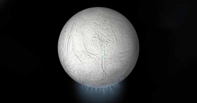 This artistic rendering shows ice plumes being ejected from Enceladus at speeds of up to 800 miles/hour. Release date - December 10 2023. See SWNS story SWSClife. One of Saturn???s moons may be a prime target in the search for life elsewhere in the solar system, scientists reveal. A unique machine has been built that will test Saturn and Jupiter???s moons for signs of life in a mission next year. Water, energy and organic material are the crucial elements for life elsewhere in the universe. Saturn???s icy moon Enceladus is an ocean world that contains all three, making it a prime target in the search for life.