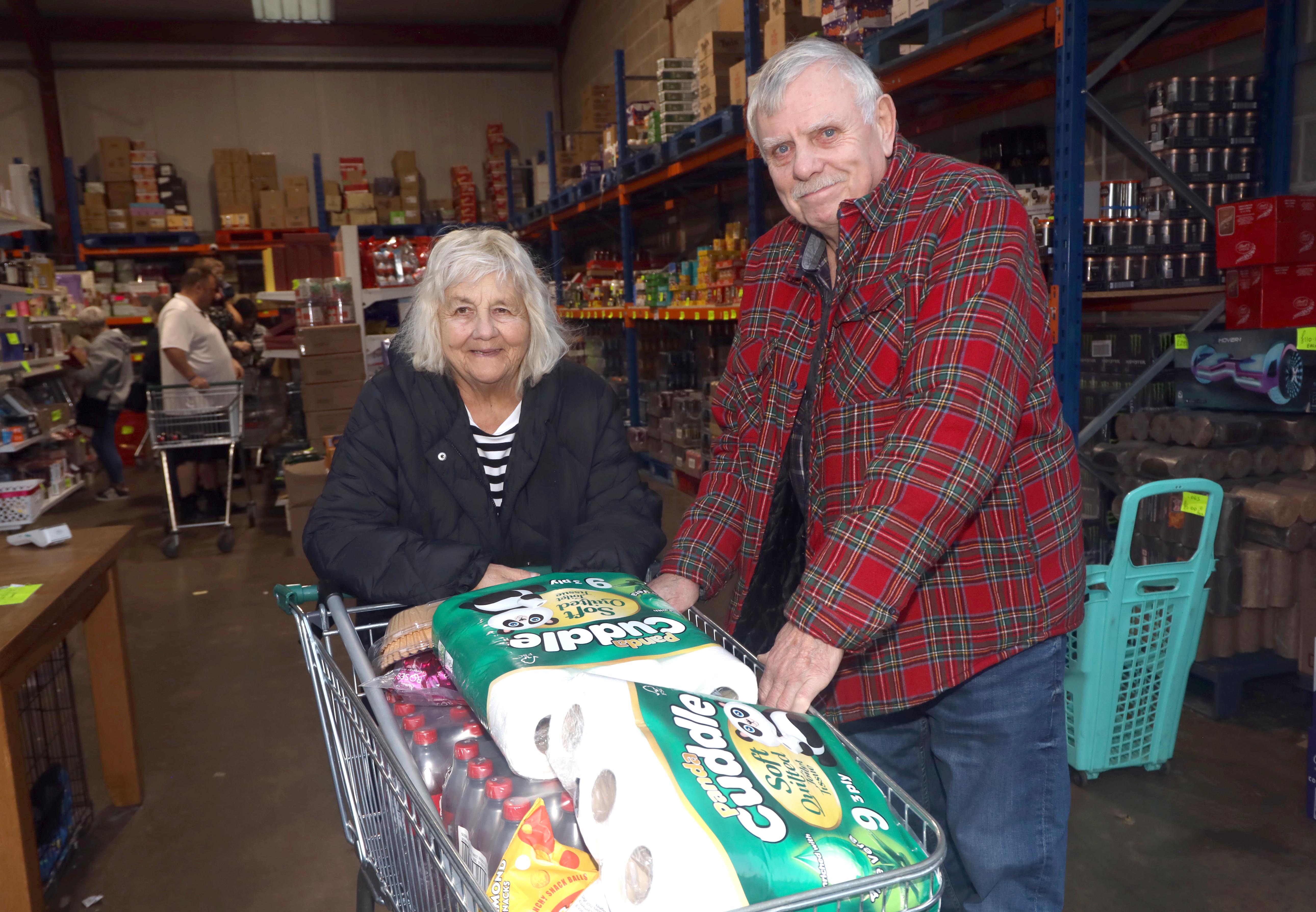 Pauline Pickford and Richard Berry were proud of their bargain haul at WD Bargains in Barnsley