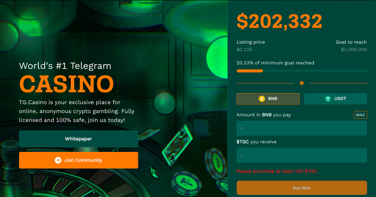 tg.casino presale homepage