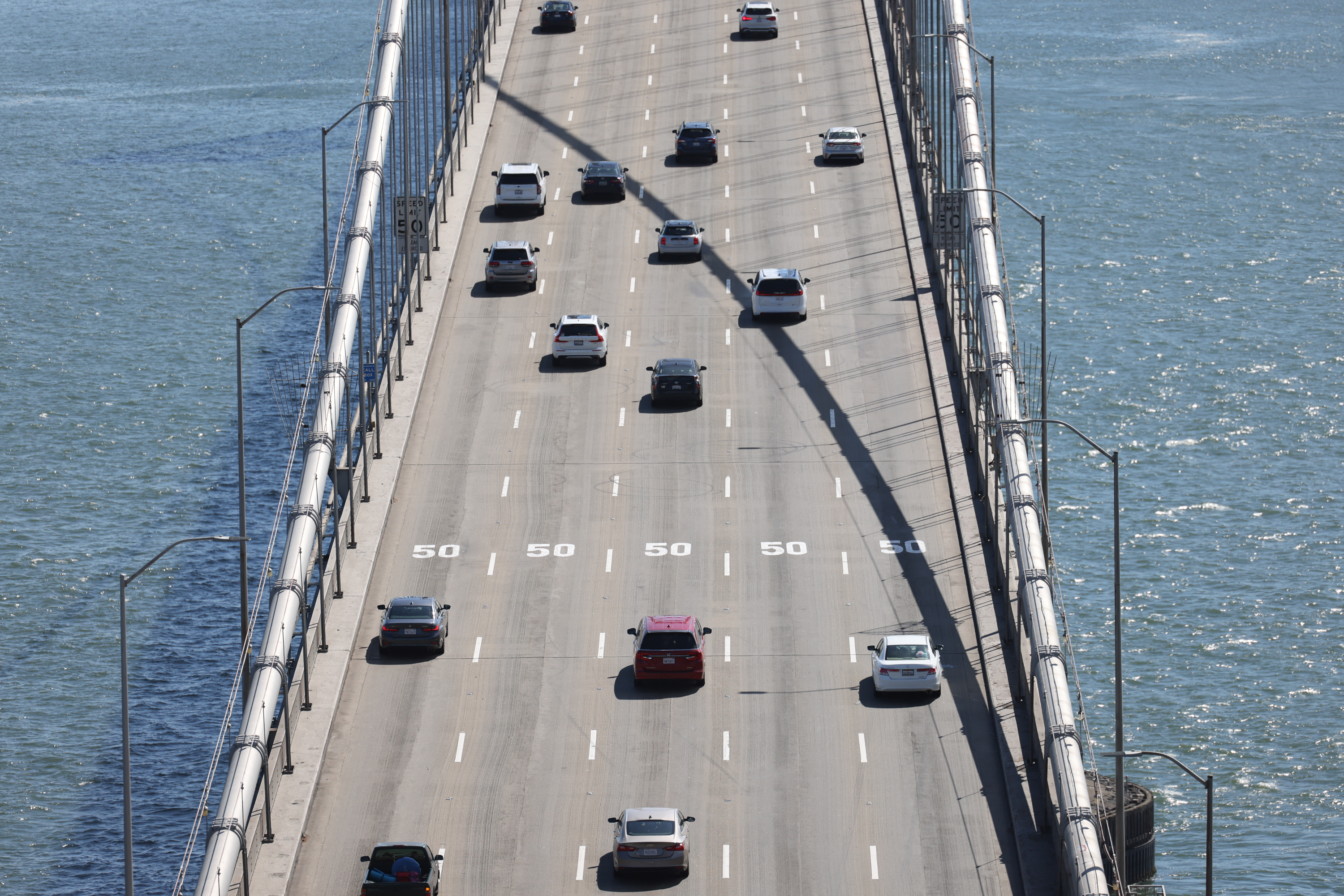 Cars going into the city of San Francisco over the Bay Bridge.