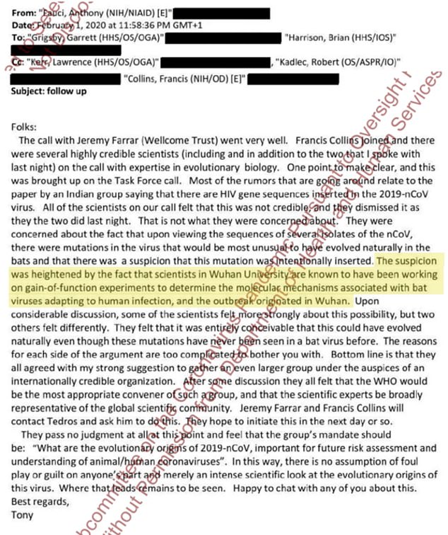 New emails dated February 1, 2020 show Fauci acknowledged that 'scientists in Wuhan University are known to have been working on gain-of-function experiments to determine that molecular mechanisms associated with bat viruses adapting to human infection, and the outbreak originated in Wuhan'