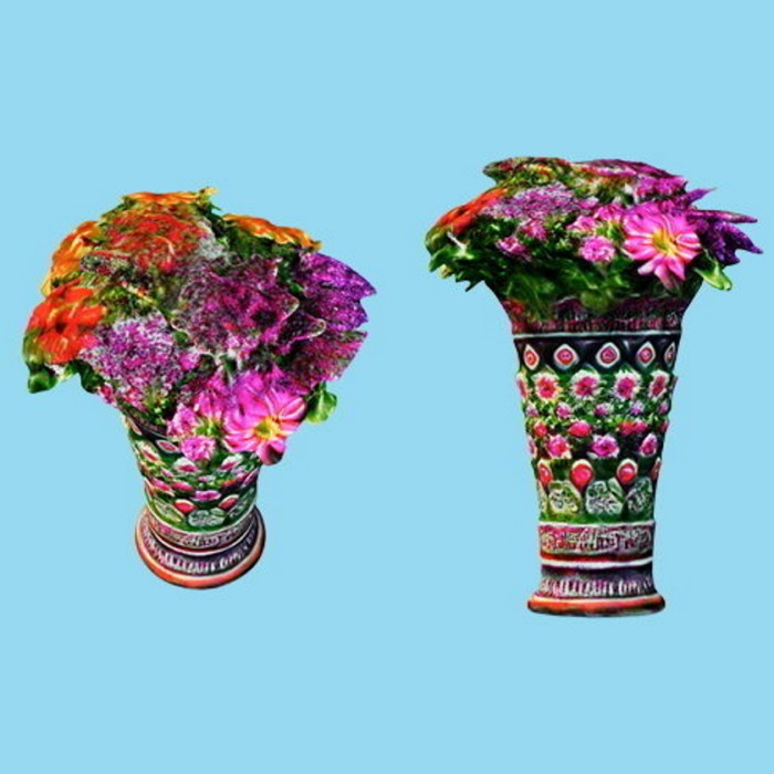 Side and top view of colourful vase and flowers