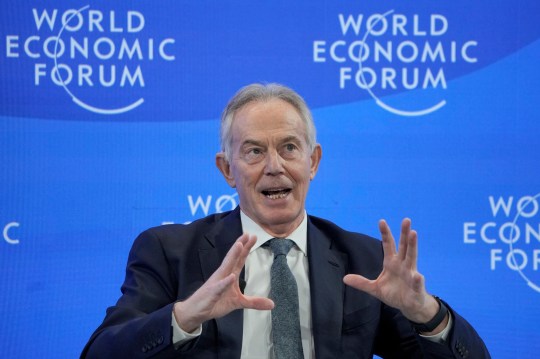 Former United Kingdom Prime Minister Tony Blair talks at the World Economic Forum in Davos, Switzerland Thursday, Jan. 19, 2023. The annual meeting of the World Economic Forum is taking place in Davos from Jan. 16 until Jan. 20, 2023. (AP Photo/Markus Schreiber)