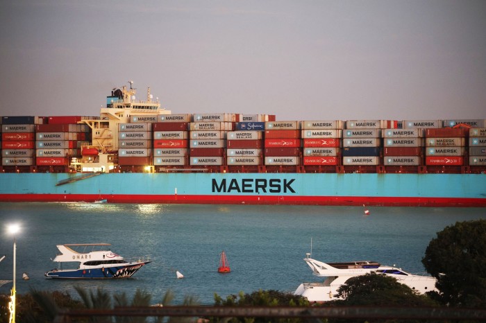 The Maersk Sentosa container ship sails southbound to exit the Suez Canal