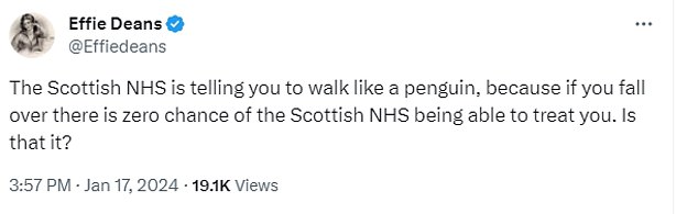 In a similar vein Effie Deans used the video highlighted the state of NHS services in Scotland