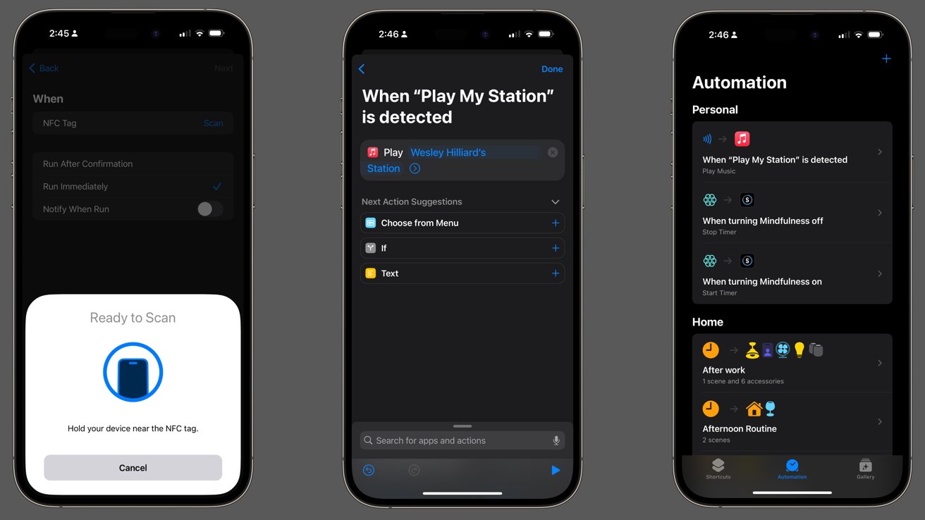 Three iPhone screenshots showing a sequence of setting up a NFC automation task, an individual automation setup with a music app, and an overview of personal automation routines within a task automation app.