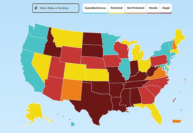 The above map assigns each state, territory, and the District of Columbia to one of five categories: Expanded Access, Protected, Not Protected, Hostile, and Illegal. The majority of restrictions and all-out bans. Abortion is protected by state law in 21 states and the District of Columbia and is at risk of being severely limited or prohibited in twenty-six states and three territories