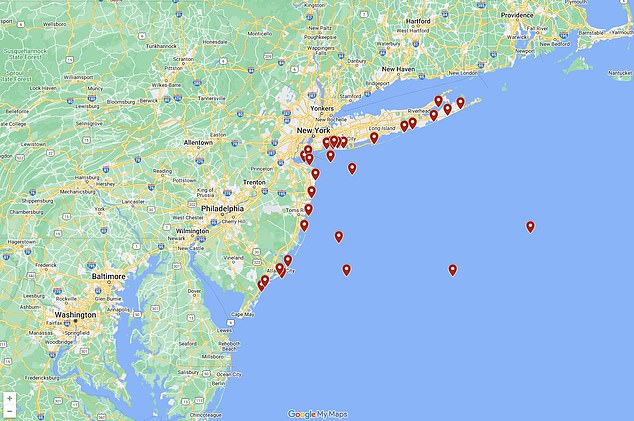 Along with the added electric bill increase, residents are concerned about seeing another mass die-off of marine life along their beaches. The red markers indicated dead humpback whales from 2022 through 2023