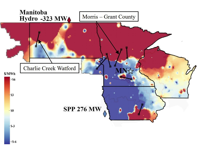 The MISO IMM’s heat map of congestion problem areas over fall 2023, including the Charlie Creek-Watford flowgate