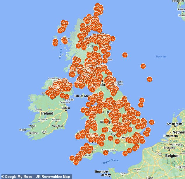 The interactive map reveals that the UK's wind power projects are mainly built along Scotland's East coast and the South West coasts of Cornwall and Wales