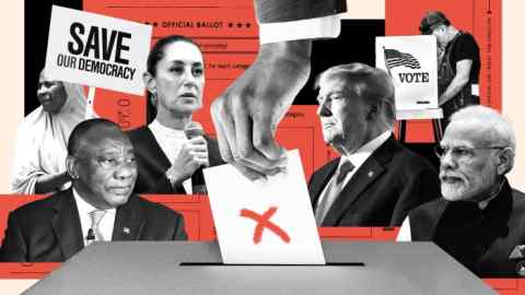 Montage of faces of Cyril Ramaphosa, Claudia Sheinbaum Donald Trump, Narendra Modi around a giant ballot box with a hand depositing a piece of paper with an X on it