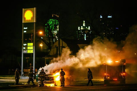 truck on fire at gas station