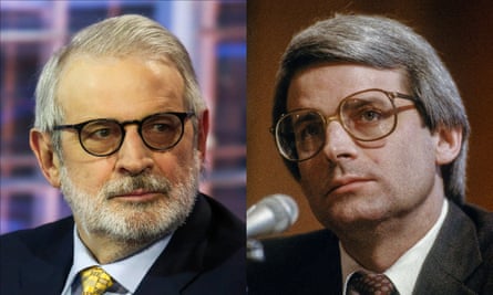 David Stockman in 2015, left, and as Ronald Reagan's budget director, in 1984.