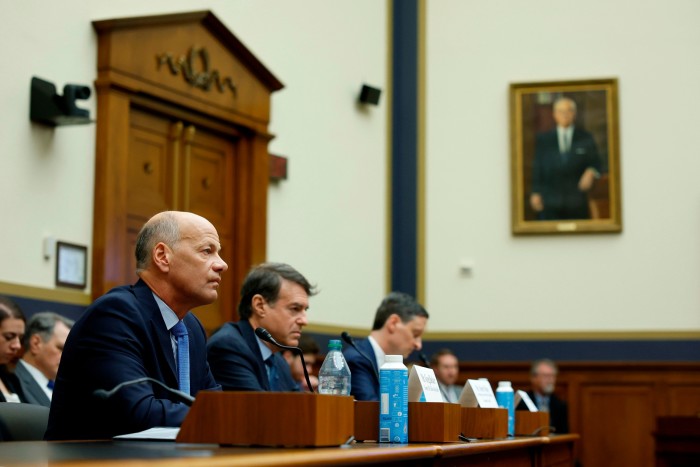 Bank chiefs testifying to a Washington committee hearing in May last year. From left: Greg Becker, former Silicon Valley Bank chief, Scott Shay of Signature Bank, and Michael Roffler of First Republic Bank