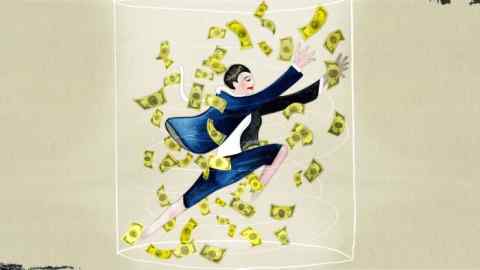 Ann Kiernan illustration of a woman with short hair wearing a business suit in a wind tunnel catching money with her hands stretched up in front of her.