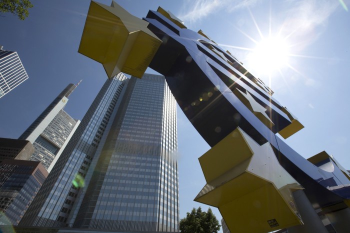 The Euro sculpture outside the Eurotower in Frankfurt