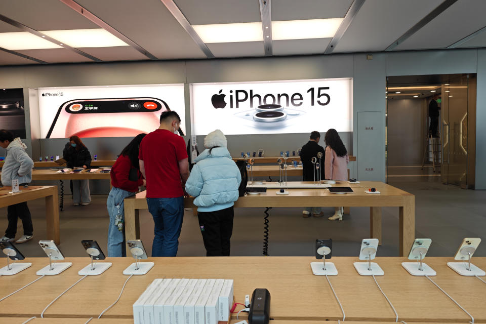 Customers are selecting and buying Apple products at an Apple store in Shanghai, China, on January 29, 2024. (Photo by Costfoto/NurPhoto via Getty Images)