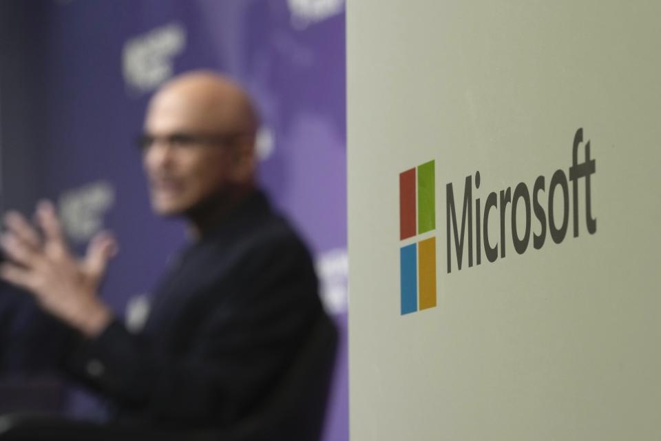 Microsoft CEO Satya Nadella speaks at an event at the Chatham House think tank in London, Monday, Jan. 15, 2024. Nadella was on his way to Davos Switzerland to participate in the World Economic Forum annual meeting where artificial intelligence is shaping up to be a hot topic, with other speakers including Sam Altman of Microsoft - backed OpenAI. (AP Photo/Kin Cheung)