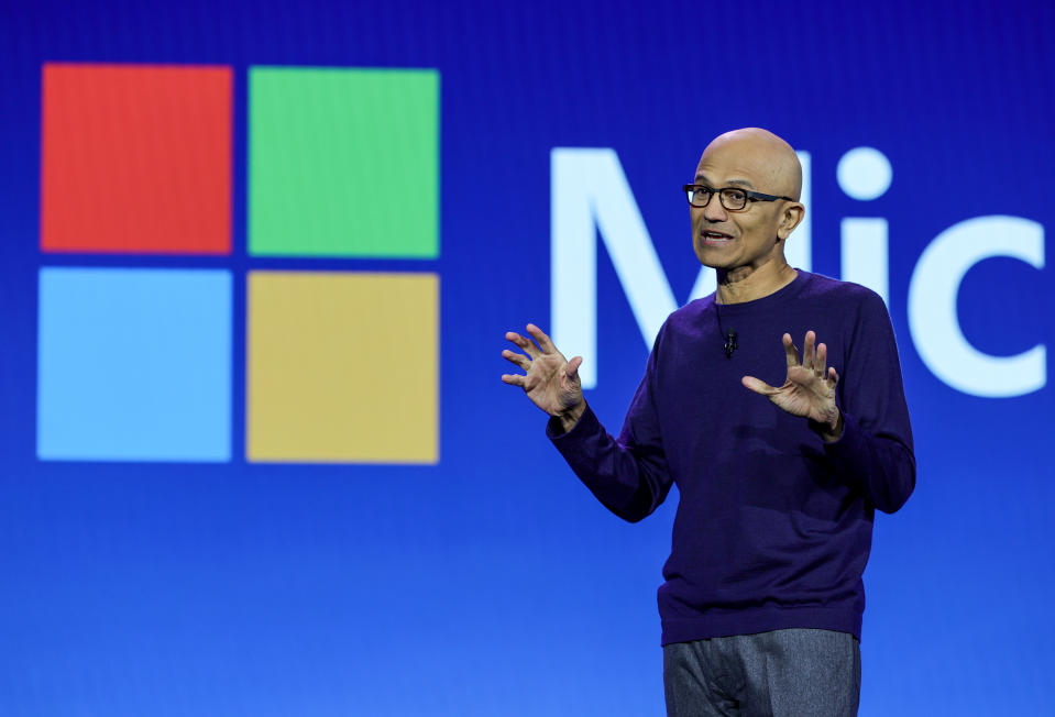 LAS VEGAS, NEVADA - JANUARY 09: Microsoft Chairman and CEO Satya Nadella speaks during a keynote address by Walmart Inc. President and CEO Doug McMillon during CES 2024 at The Venetian Resort Las Vegas on January 9, 2024 in Las Vegas, Nevada. CES, the world's largest annual consumer technology trade show, runs through January 12 and features about 4,000 exhibitors showing off their latest products and services to more than 130,000 attendees. (Photo by Ethan Miller/Getty Images)