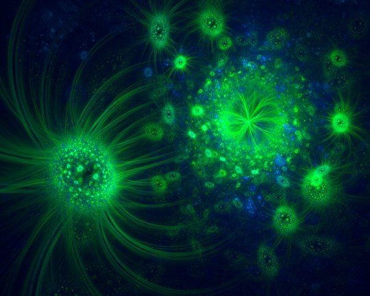 Bioluminescent jellyfish or microorganisms, abstract fractal art background.
