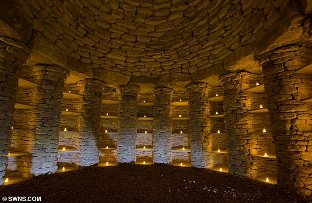 The practice of building the large tomb to store the remains of the dead dates back more than 5,000 years. Pictured, the interior of the All Cannings burial mound with 'alcoves' set into the walls, each designed to hold urns containing people's ashes