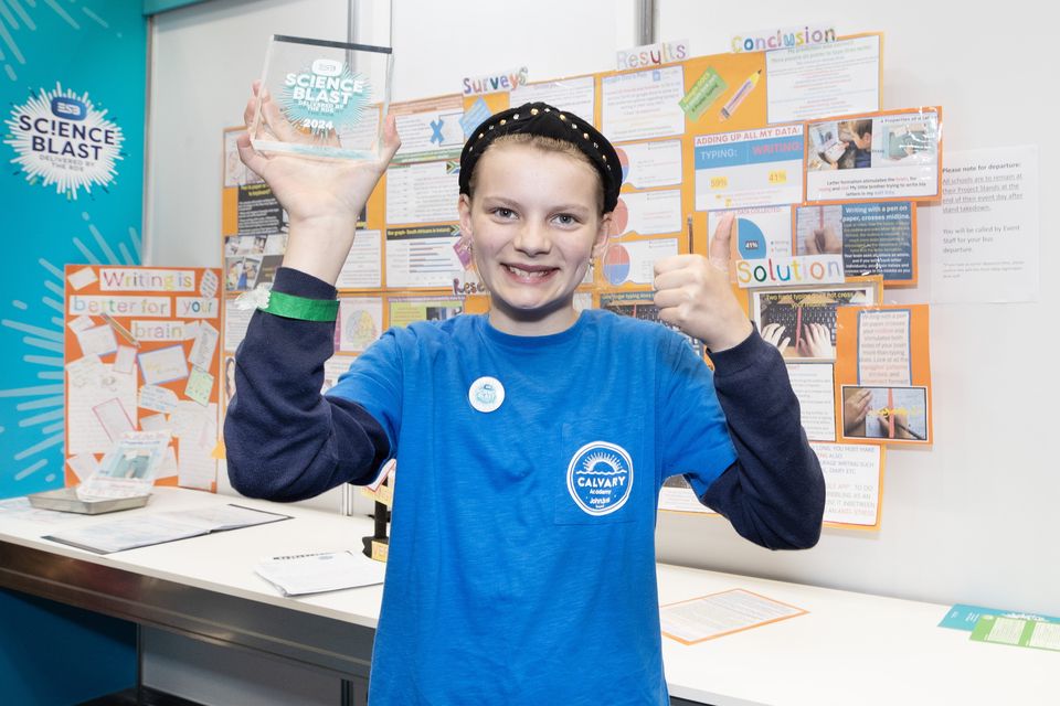 A pupil from Calvary Homeschool, Ballymote, Co. Sligo. Their project investigated the science behind the question, “Putting pen to paper or fingers to keyboard?