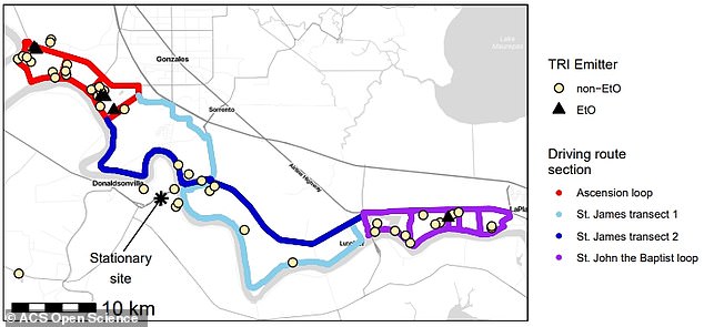 Researchers drove two vans along the same route in cancer alley 24 hours a day over a month to measure the amount of carcinogens in the air. Pictured: The driving routes the team covered each day