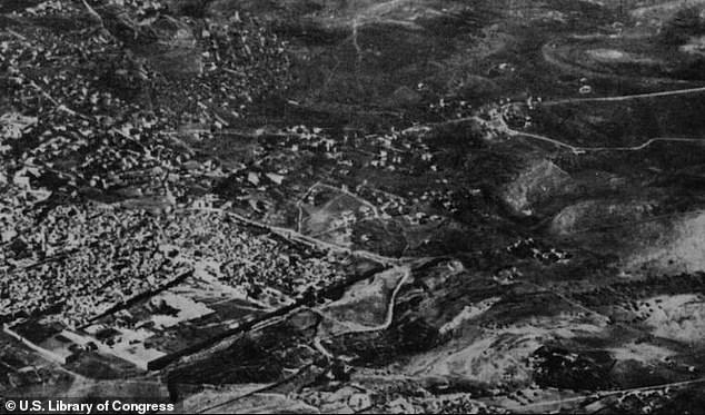 Compton reported that the methods used to find Sennacherib's camp site has led to the discovery of other Assyrian military camps. Pictured: 1930s aerial view of Jerusalem