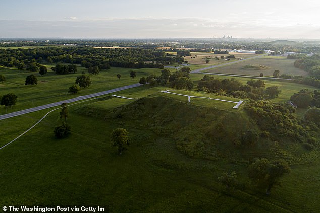 Above, and aerial photograph of ancient Cahokia's major city landmark, Monks Mound