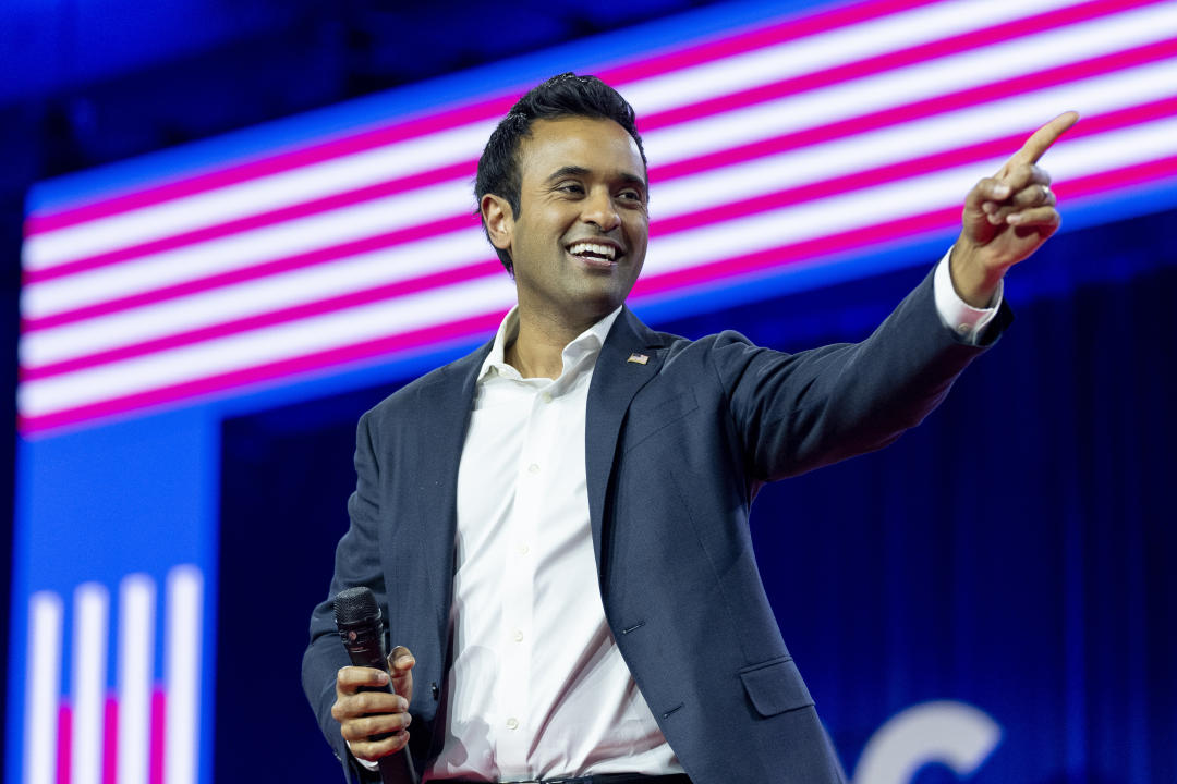 FILE - Vivek Ramaswamy speaks during the Conservative Political Action Conference, CPAC 2024, at National Harbor, in Oxon Hill, Md., Saturday, Feb. 24, 2024. Ramaswamy had purchased a 7.7% stake in Buzzfeed, the Pulitzer Prize winning digital media outlet that went into restructuring last year. Shares skyrocketed more than 50% before the market open on Wednesday, May 22. (AP Photo/Alex Brandon, File)