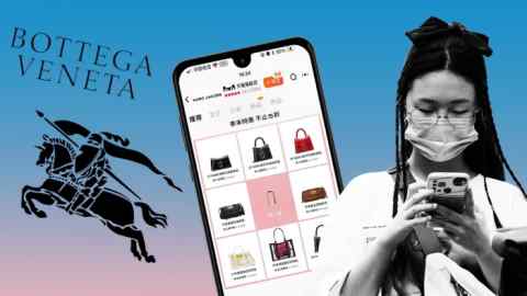 FT montage of the Bottega Veneta and Burberry logos, a woman using a phone and the ecommerce platform Tmall on a phone screen