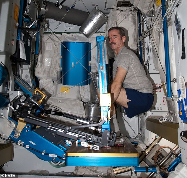 After the morning of work, astronauts like Chris Hadfield (pictured) may have some time scheduled for exercise on a device like the Advanced Resistive Exercise Device which uses pistons and flywheels to simulate weight lifting