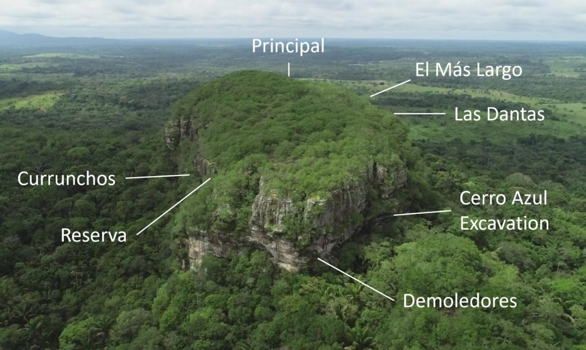 Cerro Azul with the location of the rock art panels and the excavation site analysed in this study