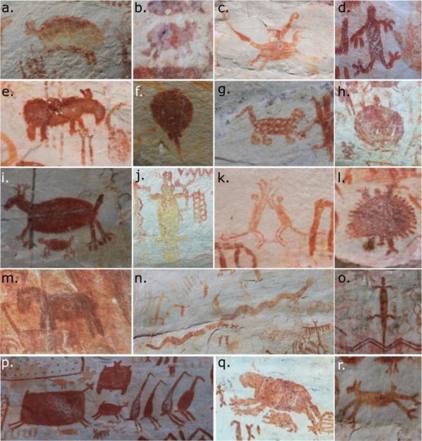 Examples of animals represented at Cerro Azul. a) armadillo, b) paca, c) coati, d) amphibian, e) tapir, f) stingray, g) feline, h) turtle, i) deer, j) crocodile/caiman, k) monkey, l) porcupine, m) horse, n) serpent with legs, o) lizard, p) deer, bat, spider, aquatic birds, q) sloth, r) canid