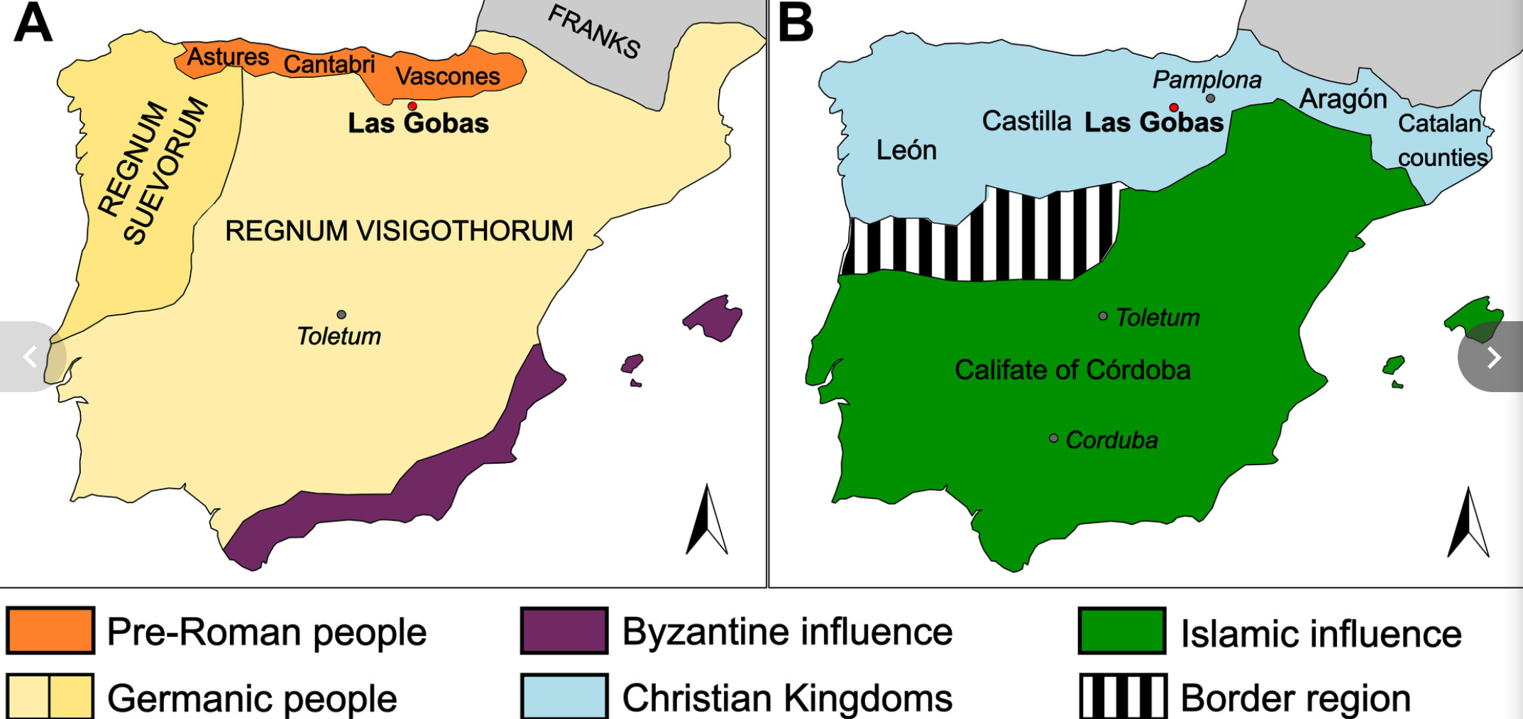 (A) Iberian Peninsula around 569 AD (B) Different kingdoms and border with Caliphate of Córdoba in 10th century