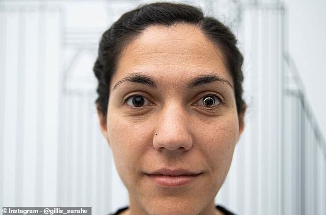 The crew will also perform nearly 40 scientific experiments including a test of new smart contact lenses which will take biometric readings from the astronauts. Pictured: Sarah Gillis wears a smart contact lens in her left (page right) eye