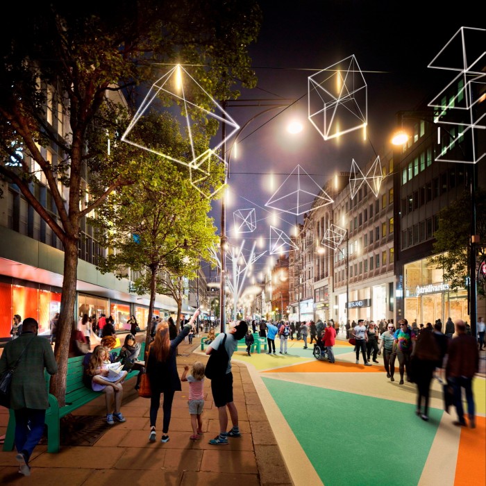 A CGI showing pedestrians on Oxford Street at night