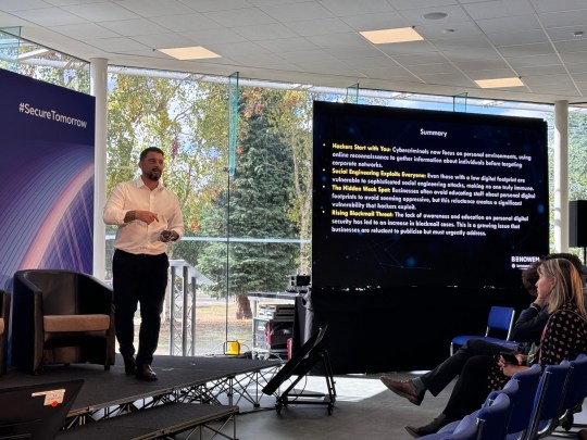 Former spy Ben Owen, from Hunted, giving a presentation on employees' cyber vulnerabilities at BT's Adastral Park site